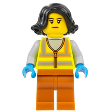 Minifig cty1522 - Recycling Worker - Female, Neon Yellow Safety Vest, Dark Orange Legs, Black Hair