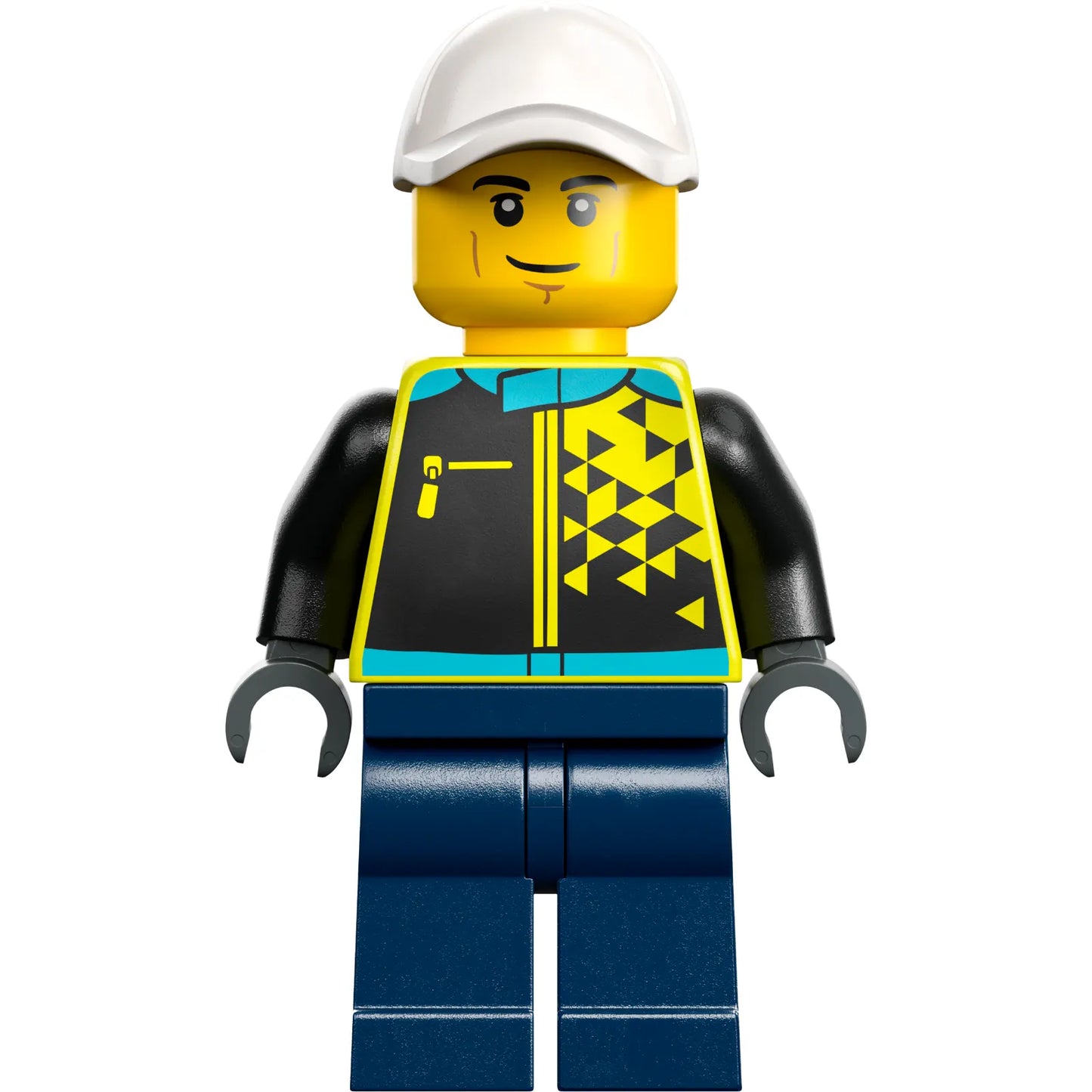 Minifig cty1524 - Sports Car Driver - Male, White Cap, Neon Yellow Jacket, Dark Blue Legs