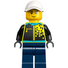 Minifig cty1524 - Sports Car Driver - Male, White Cap, Neon Yellow Jacket, Dark Blue Legs
