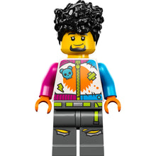 Minifig cty1531 - Stuntz Driver - Male, White Jumpsuit with Magenta and Dark Azure Arms, Dark Bluish Gray Legs, Black Tall Coiled Hair, Goatee