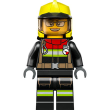 Minifig cty1544 - Fire - Female, Black Jacket and Legs with Reflective Stripes and Red Collar, Neon Yellow Fire Helmet, Trans-Brown Visor, Black Glasses