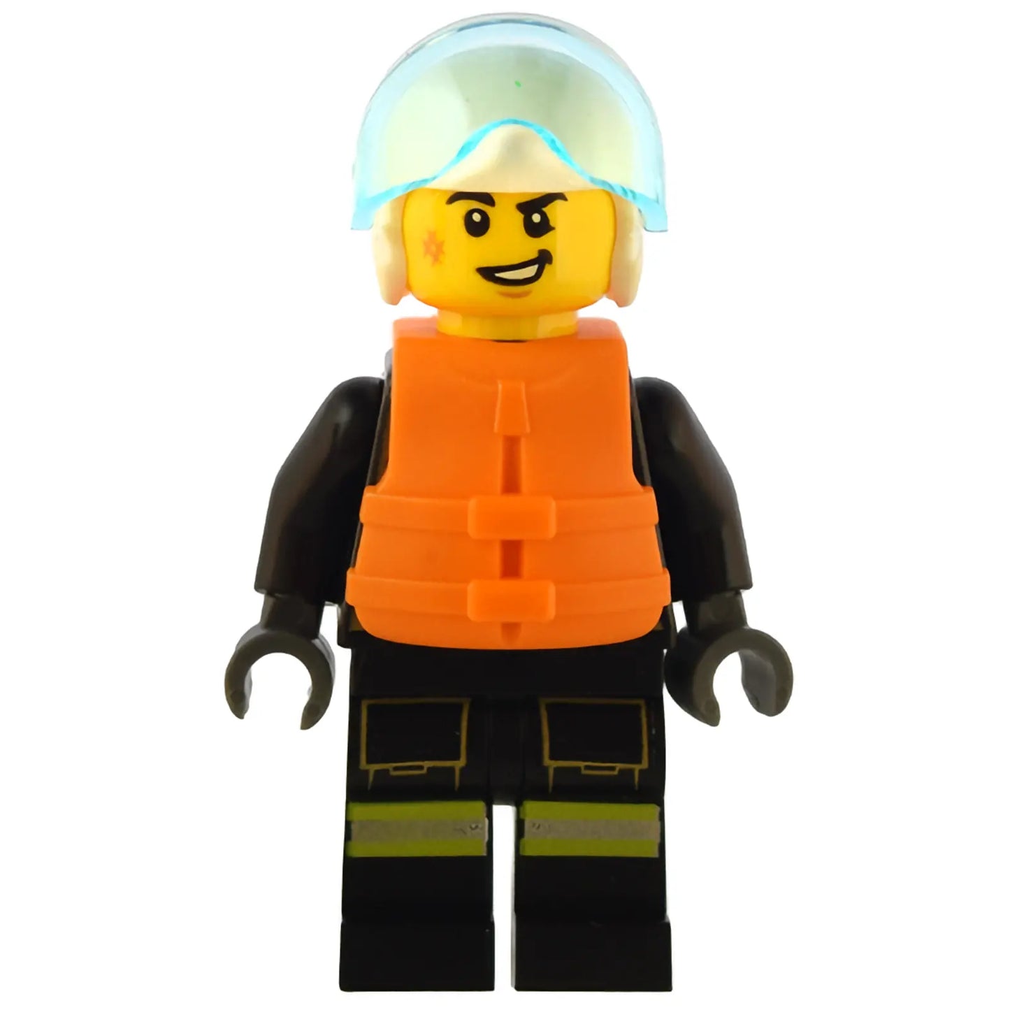 Minifig cty1549 - Fire - Male, Black Jacket and Legs with Reflective Stripes and Red Collar, White Helmet, Trans-Light Blue Visor, Orange Life Jacket