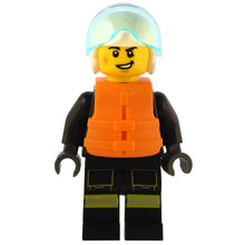 Minifig cty1549 - Fire - Male, Black Jacket and Legs with Reflective Stripes and Red Collar, White Helmet, Trans-Light Blue Visor, Orange Life Jacket