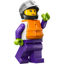 Minifig cty1550 - Speedboat Raft Driver - Female, White Jacket with Dolphin, Dark Purple Legs, Black Helmet, Trans-Clear Visor, Orange Life Jacket