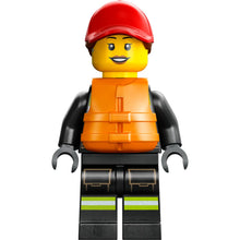 Minifig cty1551 - Fire - Female, Reflective Stripes with Utility Belt and Flashlight, Red Cap with Reddish Brown Ponytail, Orange Life Jacket