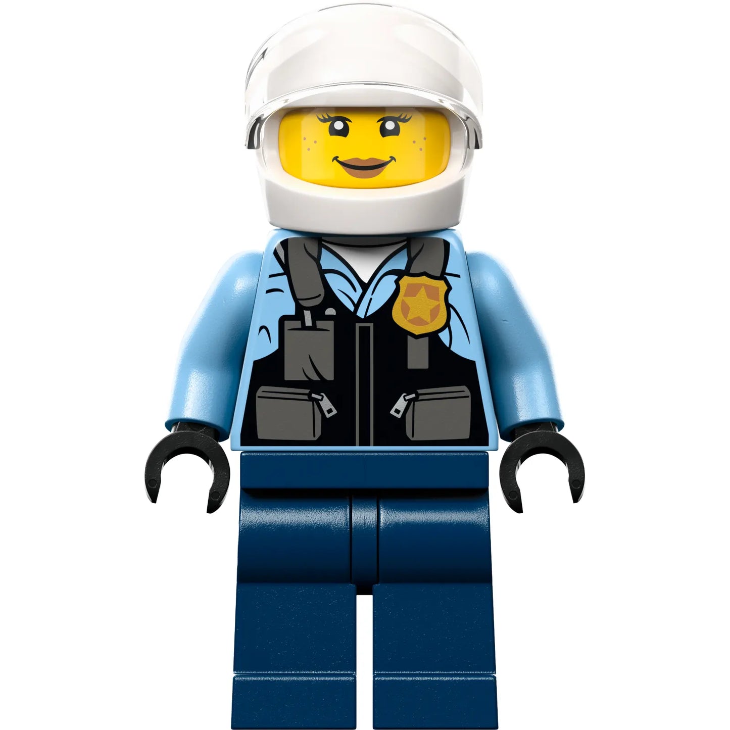 Minifig cty1557 - Police - City Motorcyclist Female, Safety Vest with Police Badge, Dark Blue Legs, White Helmet, Trans-Clear Visor