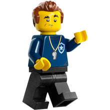 Minifig cty1559 - Police - City Trainer Academy Male, Dark Blue Shirt, Silver Whistle, Black Legs, Reddish Brown Hair, Open Mouth