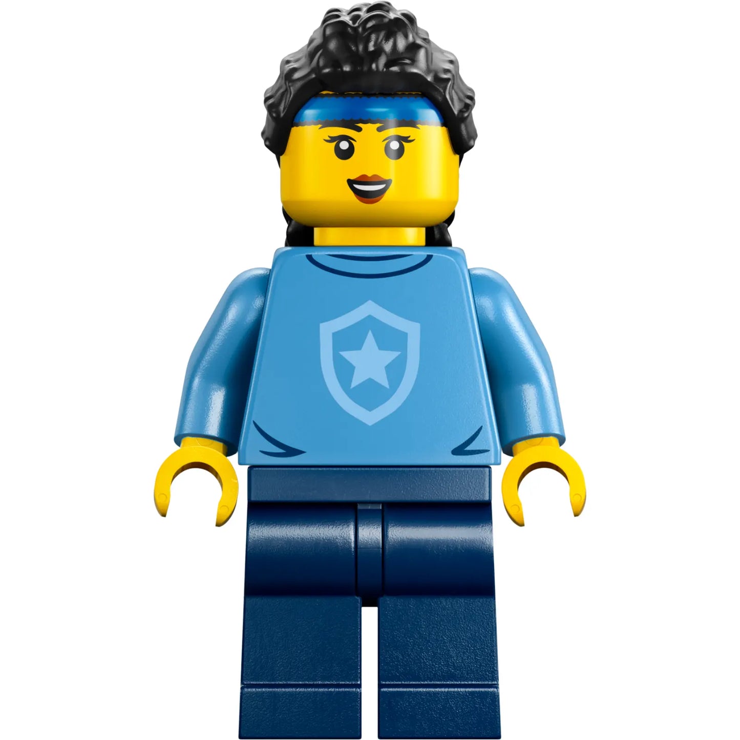 Minifig cty1560 - Police - City Officer in Training Female, Medium Blue Shirt with Badge, Dark Blue Legs, Black Hair, Headband