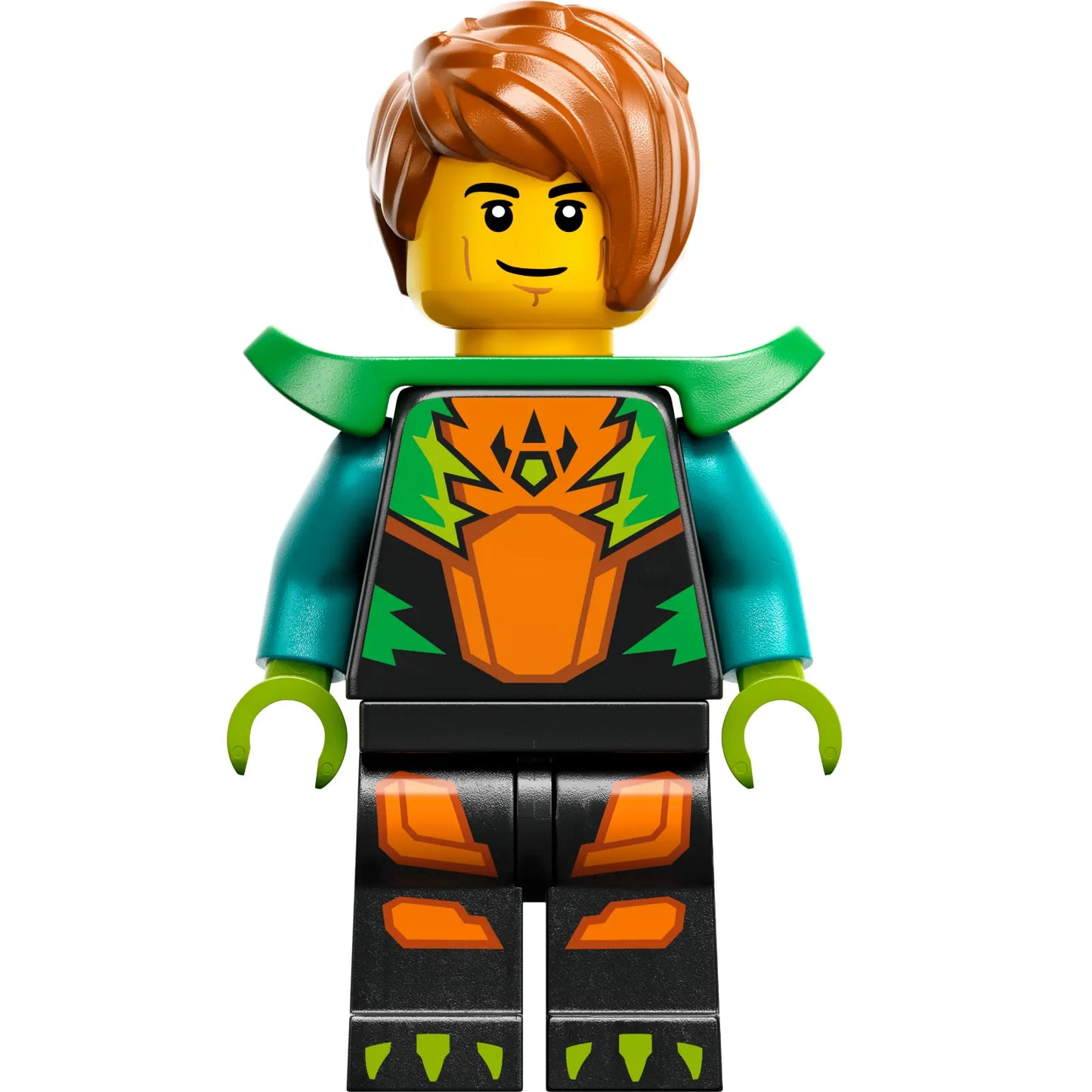 Minifig cty1575 - Stuntz Driver - Male, Black Jumpsuit with Orange Trim and Dark Turquoise Arms, Bright Green Shoulder Pads, Dark Orange Hair