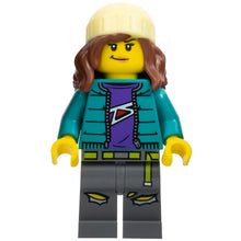 Minifig cty1580 - Fearless Fi - Stuntz Announcer, Dark Turquoise Jacket over Dark Purple Shirt, Dark Bluish Gray Legs, Reddish Brown Hair with Bright Light Yellow Beanie