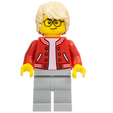 Minifig cty1581 - Stuntz Photographer - Male, Red Jacket over White Shirt, Light Bluish Gray Legs, Tan Hair, Glasses