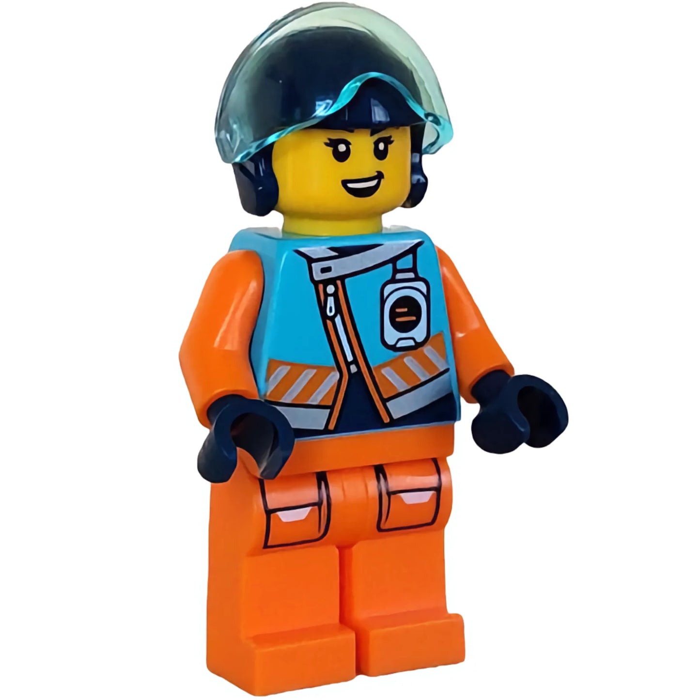 Minifigur cty1610 - Arctic Explorer Pilot - Weiblich, Mittelblaue Jacke, Namensschild, Dunkelblauer Helm, Transparent-Hellblaues Visier