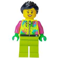 Minifig cty1631 - Mountain Bike Cyclist - Female, Neon Yellow Jacket with Paint Splotches, Lime Legs, Black Hair