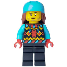 Minifig cty1633 - Snowboarder - Male, Geometric Jacket, Black Legs, Medium Azure Sports Helmet, Reddish Brown Long Hair