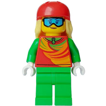 Minifig cty1638 - Skier - Female, Red Top, Bright Green Legs, Red Sports Helmet, Bright Light Yellow Long Hair, Ski Goggles