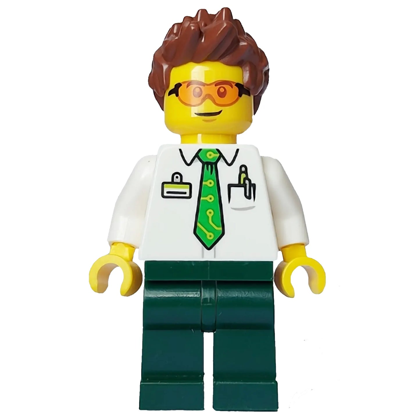 Minifig cty1650 - Electric Scooter Rider - Male, White Shirt with Bright Green Tie, Dark Green Legs, Reddish Brown Spiked Hair, Safety Glasses