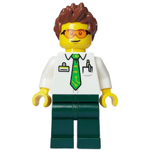 Minifig cty1650 - Electric Scooter Rider - Male, White Shirt with Bright Green Tie, Dark Green Legs, Reddish Brown Spiked Hair, Safety Glasses