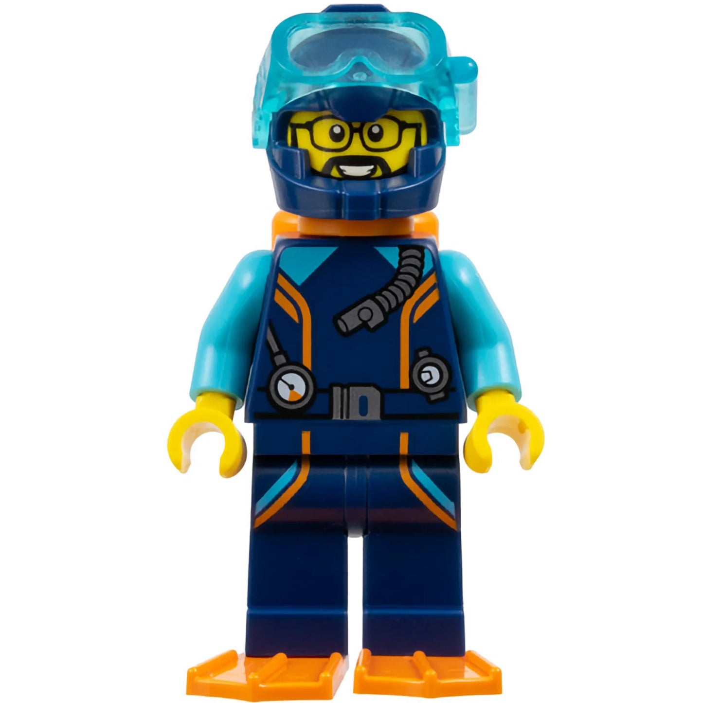 Minifigur cty1656 - Arktis-Entdecker-Taucher - Männlich, dunkelblauer Taucheranzug und Helm, orangefarbene Sauerstoffflaschen und Flossen, transparente hellblaue Tauchermaske, Bart und Brille