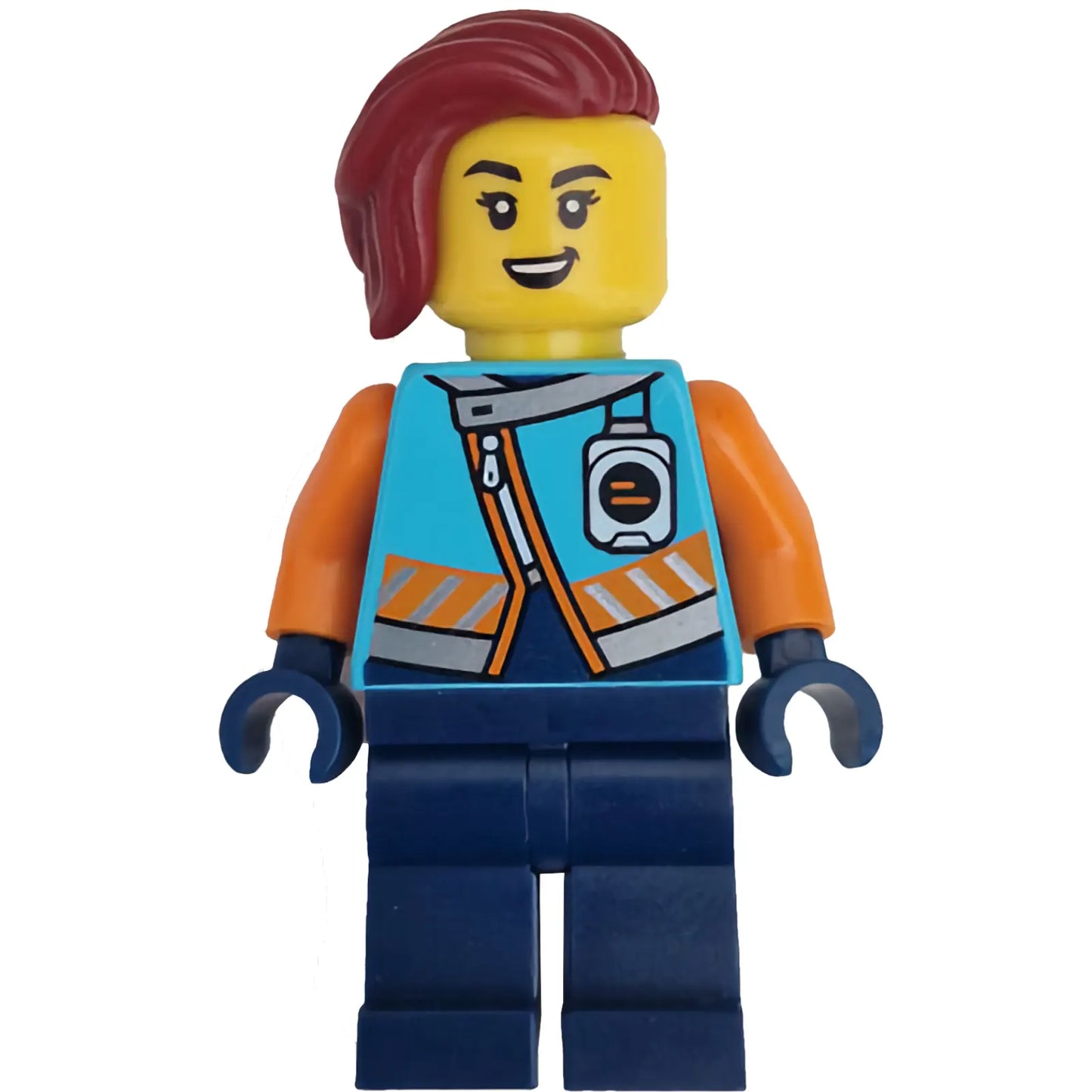 Minifig cty1657 - Arctic Explorer - Female, Medium Azure Jacket, Name Badge, Dark Red Hair
