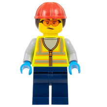 Minifig cty1673 - Airport Worker - Female, Neon Yellow Safety Vest, Dark Blue Legs, Red Construction Helmet with Dark Brown Ponytail Hair, Safety Glasses