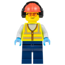 Minifig cty1674 - Airport Worker - Male, Neon Yellow Safety Vest, Dark Blue Legs, Red Construction Helmet with Black Ear Protectors / Headphones, Safety Glasses