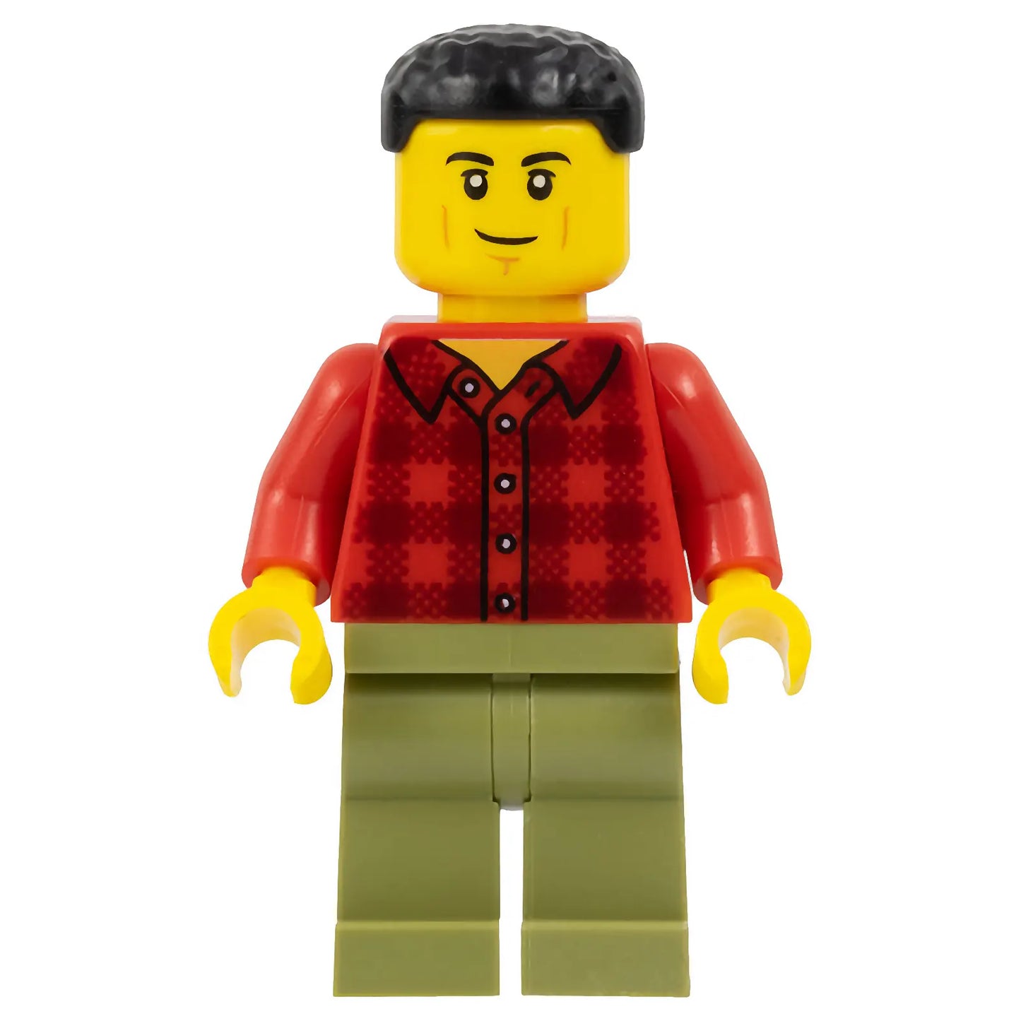 Minifig cty1675 - Plane Passenger - Male, Red Plaid Flannel Shirt, Olive Green Legs, Black Short Hair