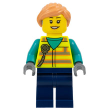 Minifig cty1677 - Airport Worker - Female, Neon Yellow Safety Vest with Radio, Dark Blue Legs, Nougat Ponytail Hair, Hearing Aid