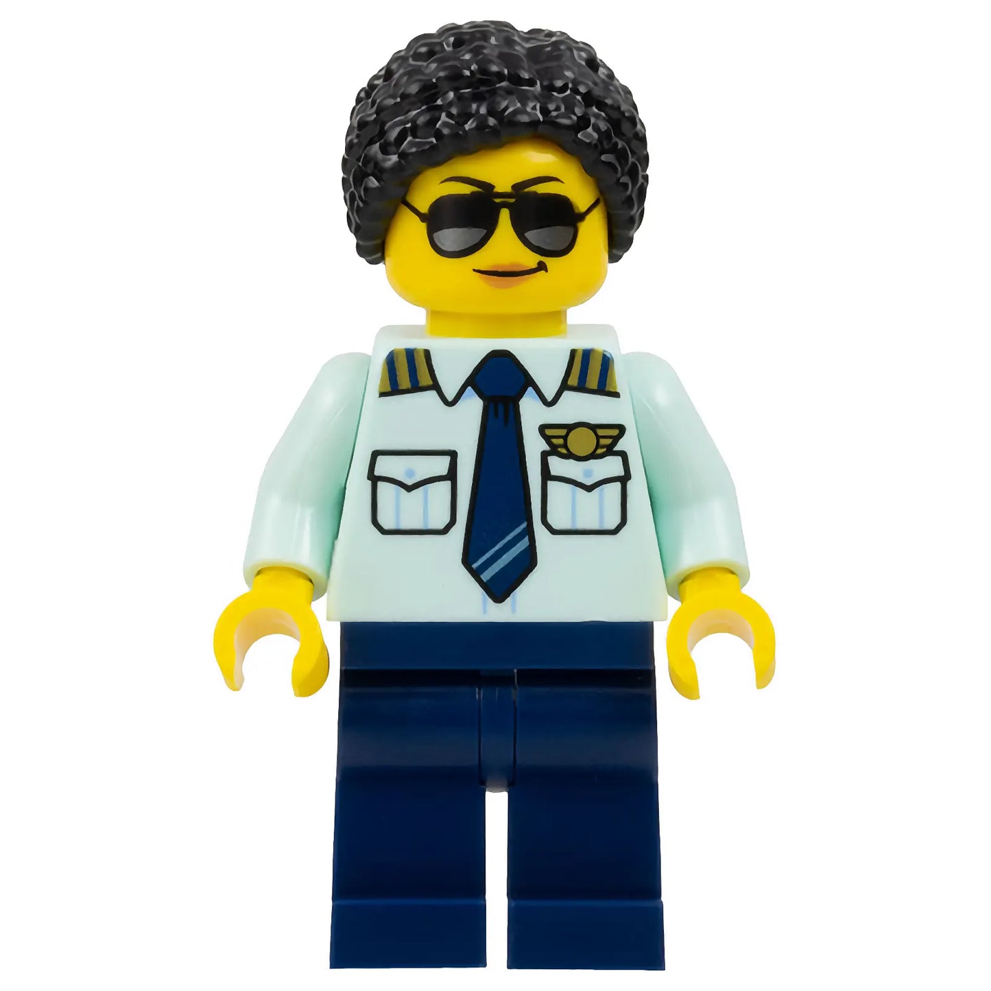 Minifig cty1678 - Passenger Plane Pilot - Female, Light Aqua Uniform Shirt with Tie, Dark Blue Legs, Black Braided Hair with Knot Bun, Sunglasses