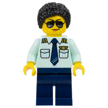 Minifig cty1678 - Passenger Plane Pilot - Female, Light Aqua Uniform Shirt with Tie, Dark Blue Legs, Black Braided Hair with Knot Bun, Sunglasses