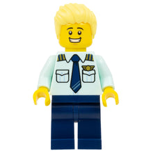Minifig cty1679 - Passenger Plane Pilot - Male, Light Aqua Uniform Shirt with Tie, Dark Blue Legs, Bright Light Yellow Spiked Hair Swept Up