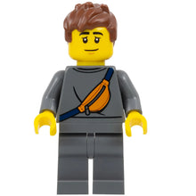 Minifig cty1680 - Plane Passenger - Male, Dark Bluish Gray Sweater with Orange Sling Bag, Dark Bluish Gray Legs, Reddish Brown Messy Hair, Sleep Mask