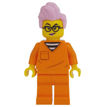 Minifig cty1702 - Police - City Jail Prisoner Female, Orange Prison Jumpsuit, Bright Pink Hair, Black Glasses