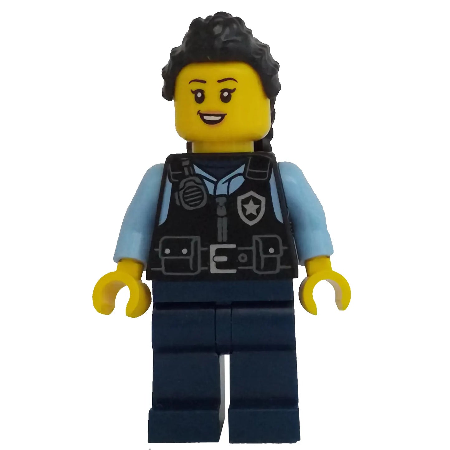 Minifig cty1703 - Police - City Officer Female, Black Safety Vest with Silver Star Badge Logo, Dark Blue Legs, Black Hair Long with Braided Ponytail