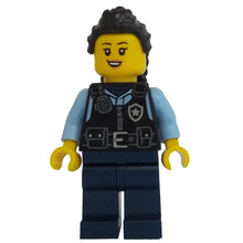 Minifig cty1703 - Police - City Officer Female, Black Safety Vest with Silver Star Badge Logo, Dark Blue Legs, Black Hair Long with Braided Ponytail