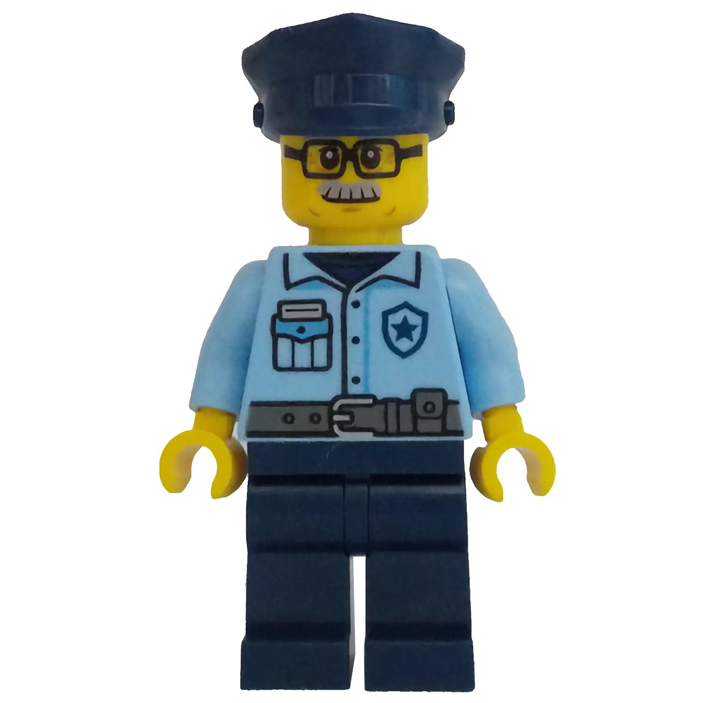 Minifig cty1705 - Police - City Officer Male, Bright Light Blue Shirt, Dark Blue Legs, Light Bluish Gray Moustache and Black Glasses