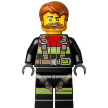 Minifig cty1746 - Fire - Male, Black Jacket and Legs with Reflective Stripes, Harness and Red Collar, Dark Orange Hair, Beard and Moustache