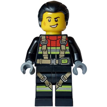 Minifig cty1747 - Fire - Male, Black Jacket and Legs with Reflective Stripes, Harness and Red Collar, Black Hair Ponytail