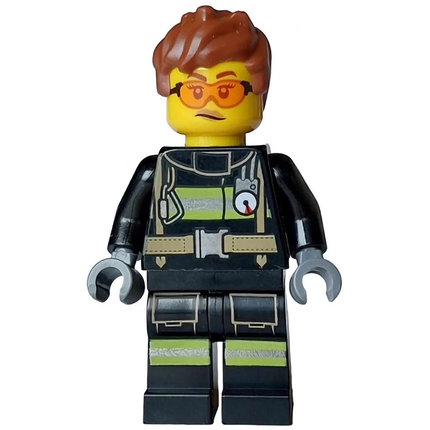 Minifig cty1748 - Fire - Female, Black Jacket and Legs with Reflective Stripes, Reddish Brown Messy Hair, Safety Glasses