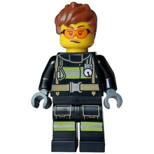 Minifig cty1748 - Fire - Female, Black Jacket and Legs with Reflective Stripes, Reddish Brown Messy Hair, Safety Glasses