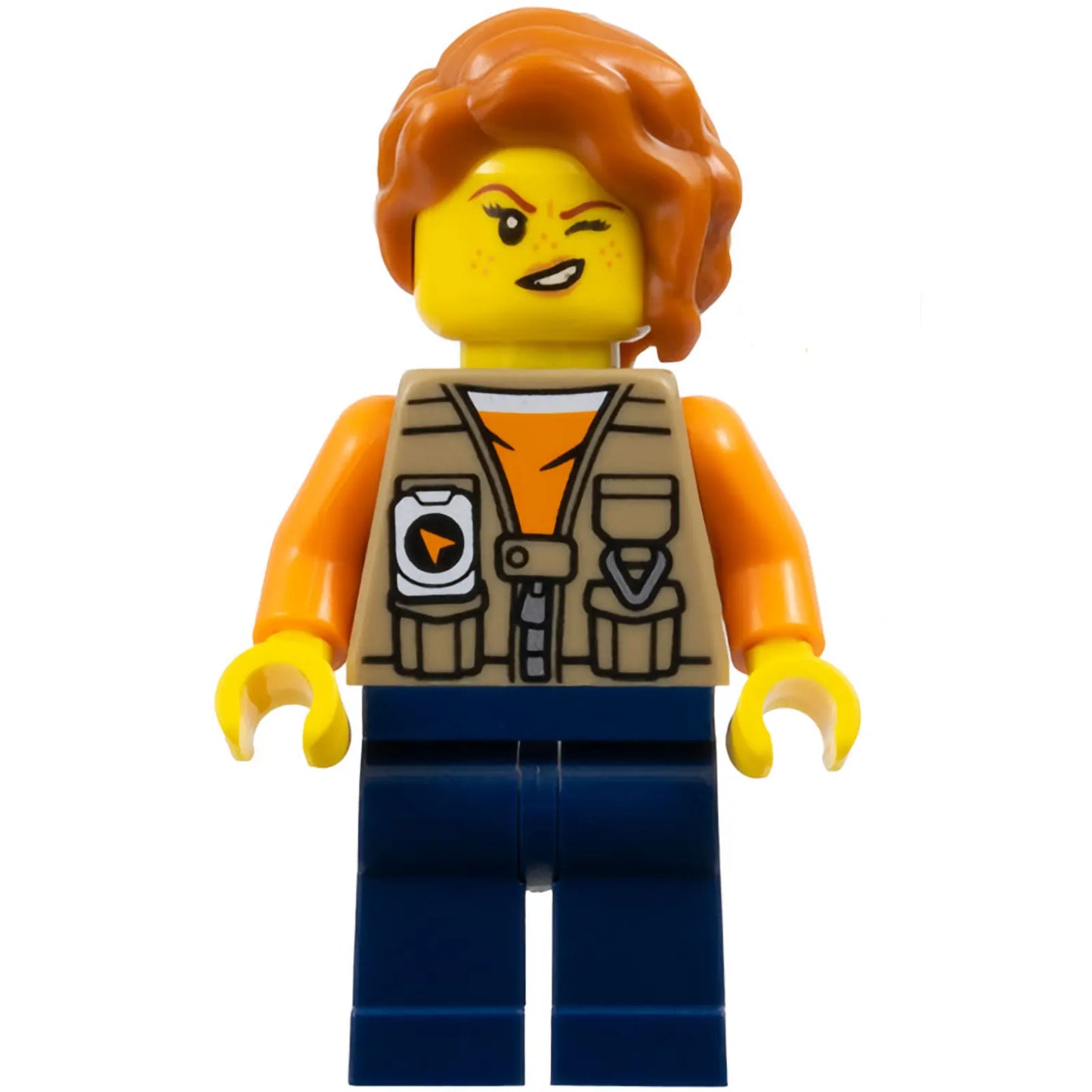 Minifig cty1766 - Jungle Photographer - Female, Dark Tan Vest over Orange Shirt, Dark Blue Legs, Dark Orange Hair