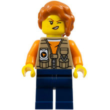 Minifig cty1766 - Jungle Photographer - Female, Dark Tan Vest over Orange Shirt, Dark Blue Legs, Dark Orange Hair