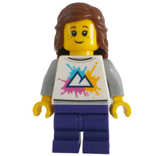 Minifig cty1782 - Tram Passenger - Female, White Shirt with Mountains Logo, Dark Purple Medium Legs, Reddish Brown Hair, Freckles