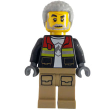 Minifig cty1783 - Fire - Male, Black Open Jacket with Reflective Stripes and Red Collar, Dark Tan Legs, Light Bluish Gray Coiled Hair