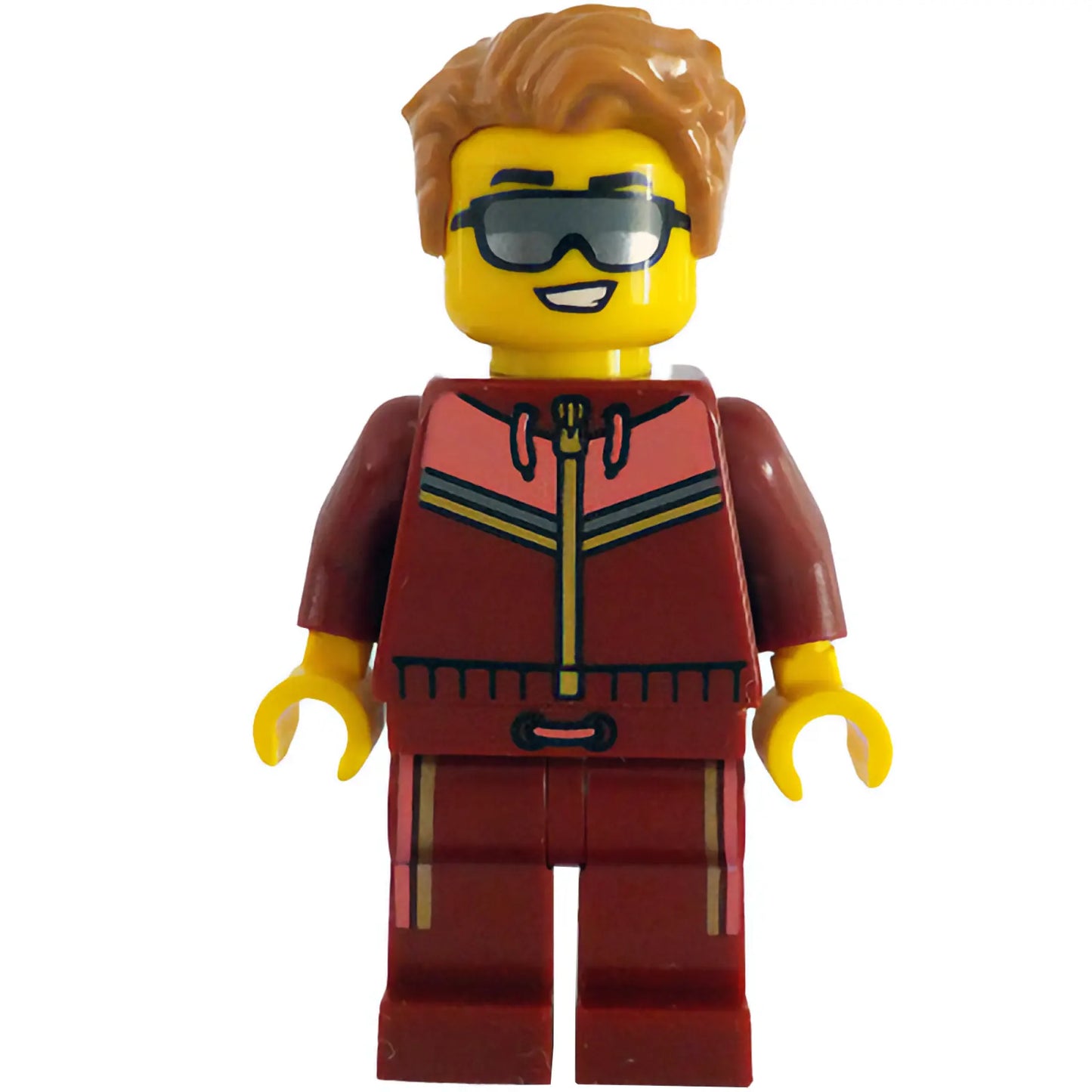 Minifig cty1784 - Tram Passenger - Male, Dark Red and Coral Jogging Suit, Medium Nougat Hair, Sunglasses