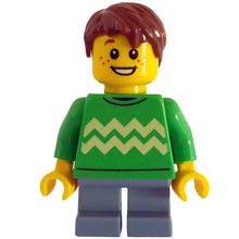 Minifig cty1786 - Child - Boy, Bright Green Sweater with Bright Light Yellow Zigzag Lines, Sand Blue Short Legs, Reddish Brown Hair