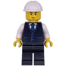 Minifig cty1788 - Construction Engineer / Architect - Male, Black Vest with Blue Striped Tie, Black Legs, White Construction Helmet, Lopsided Grin