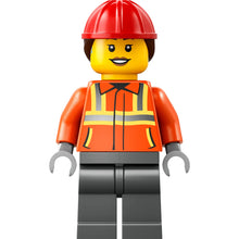 Minifig cty1789 - Construction Worker - Female, Reddish Orange Safety Jacket with Reflective Stripes, Dark Bluish Gray Legs, Red Construction Helmet with Dark Brown Ponytail Hair, Hearing Aid