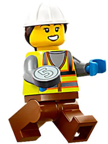 Minifig cty1795 - Dock Worker - Female, Neon Yellow Safety Vest, Reddish Brown Legs, White Construction Helmet with Dark Brown Ponytail Hair, Orange Life Jacket