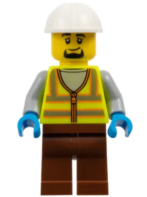 Minifig cty1796 - Dock Worker - Male, Neon Yellow Reflective Vest, Reddish Brown Legs, White Construction Helmet, Goatee