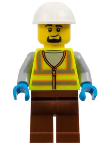 Minifig cty1796 - Dock Worker - Male, Neon Yellow Reflective Vest, Reddish Brown Legs, White Construction Helmet, Goatee